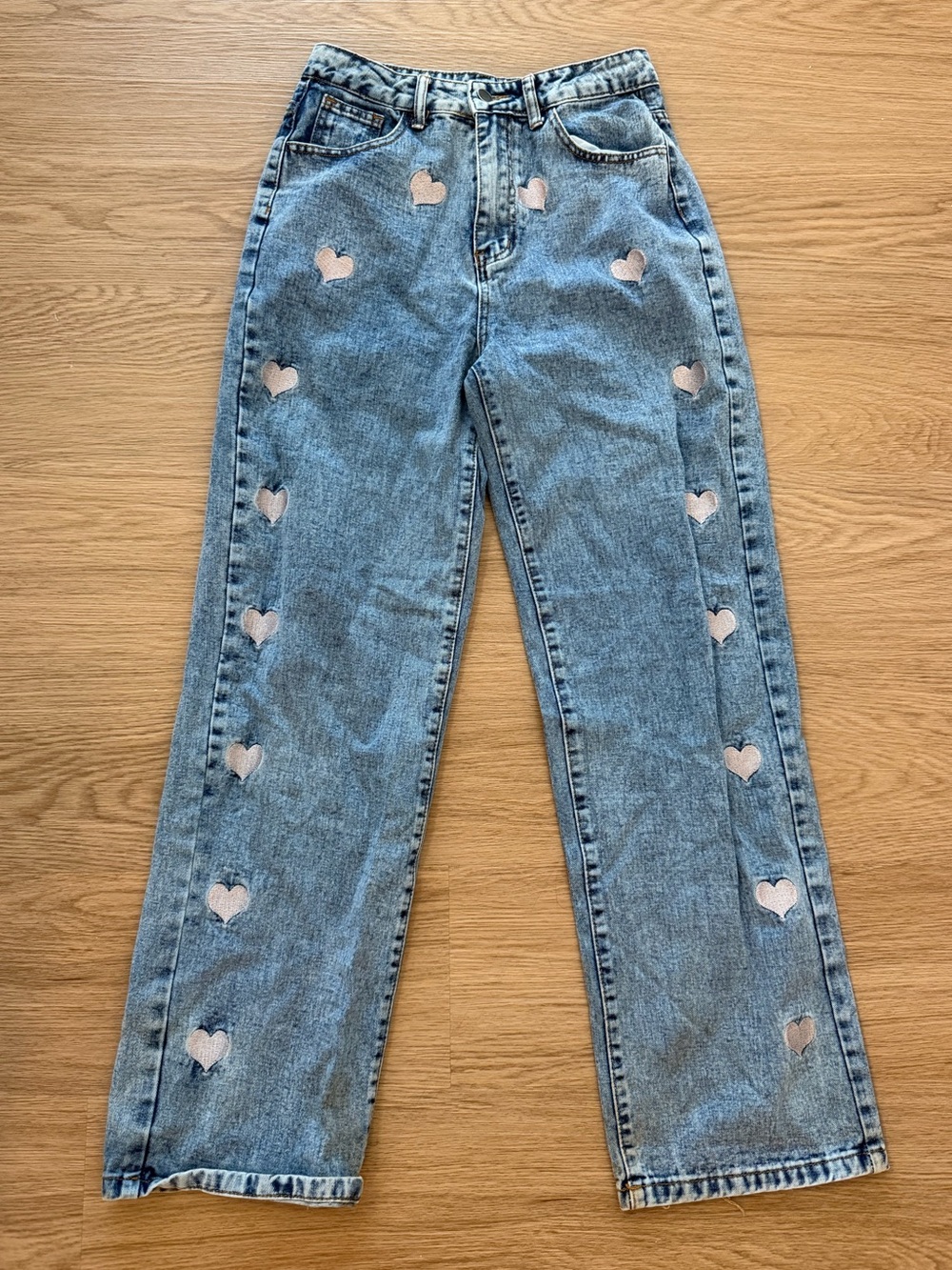 SHEIN Light Blue Straight Leg Jeans with Heart Patches